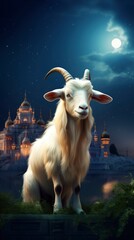 a goat is eating grass in the garden with a very beautiful and majestic mosque in the background and the night sky decorated with the moon and stars and copy space, realistic, with generative ai