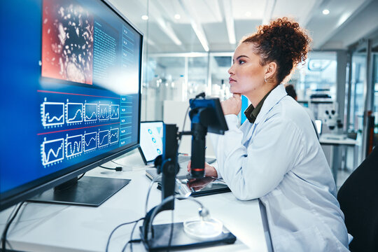 Computer screen, science and thinking with woman in laboratory for development, innovation or research. Analysis, display and pharmaceuticals with scientist at work on medical biology or discovery