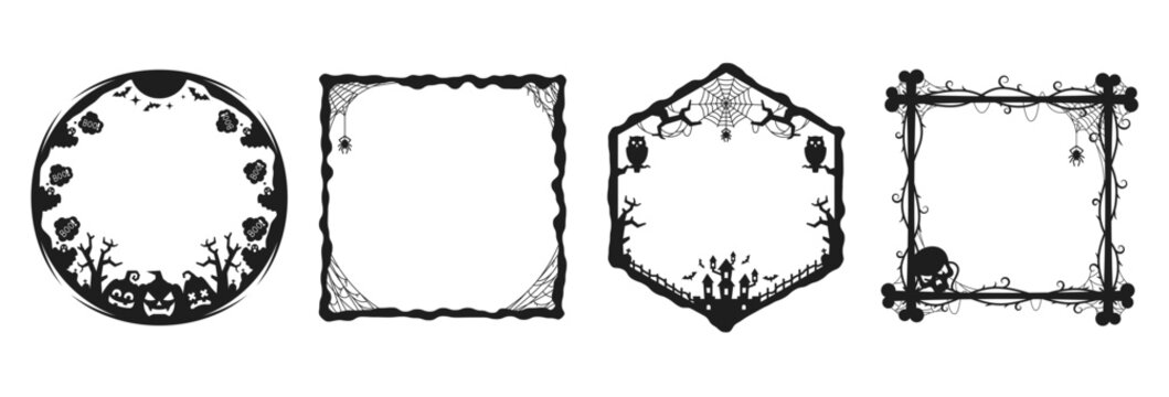 Halloween holiday black frames with pumpkins, boo ghosts, bats and skull, vector silhouette borders. Halloween horror night border frames with spooky scary monsters, creepy spider in cobweb and owls