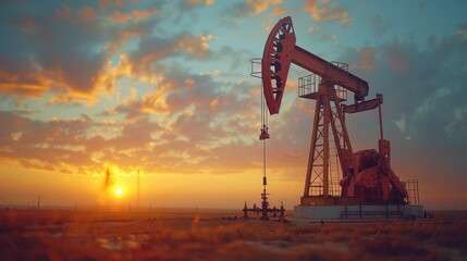 Fototapeta premium Oil Pumpjack at Sunset in a Rural Landscape with Dramatic Sky and Clouds
