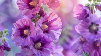 Close up view of purple hollyhock flowers