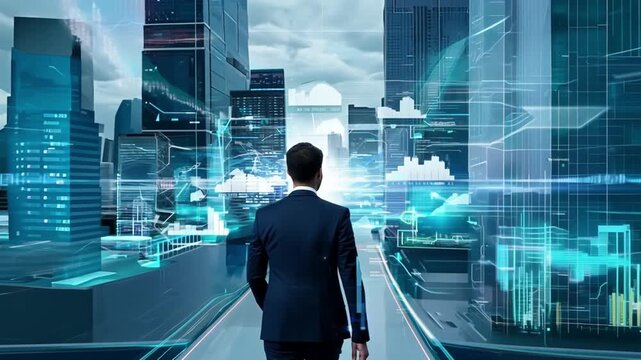 Businessman walking on a digital path in a futuristic city.