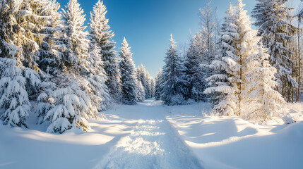 Obraz premium Snow covered path winding through a tranquil sunny winter forest
