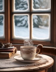 Retro-style home on a snowy morning, hot coffee on an old-fashioned table, warm and cozy and a peaceful winter scene
