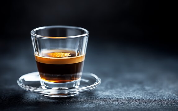 Espresso coffee with a shot of fernet and a twist of orange peel served in a clear glass with a saucer