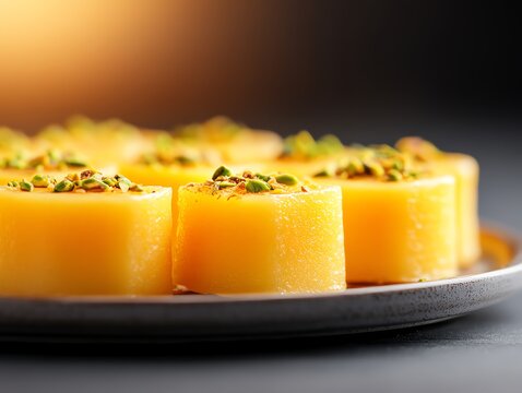 Exquisite image of sandesh sweets, decorated with pistachio and saffron, arranged on a ceramic plate with a sophisticated Indian dining setting