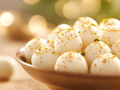 Exquisite image of sandesh sweets, decorated with pistachio and saffron, arranged on a ceramic plate with a sophisticated Indian dining setting