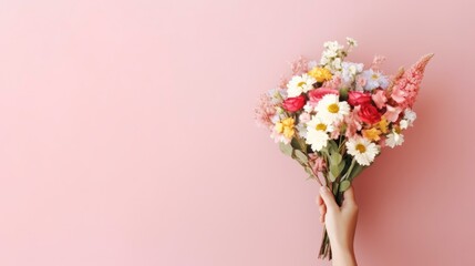 Flower bouquet in woman hand on pastel wall background. Top view.