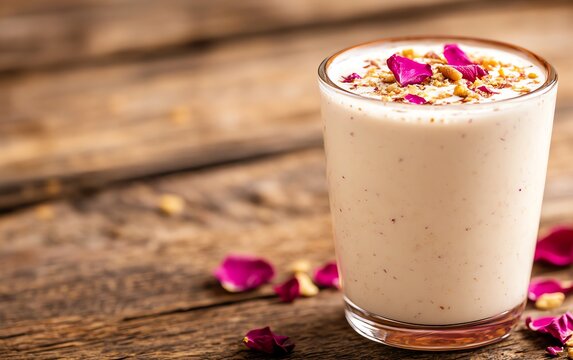 Inviting picture of thandai drink, served in a terracotta glass with rose petals and nuts on top, placed on a wooden table with a festive backdrop