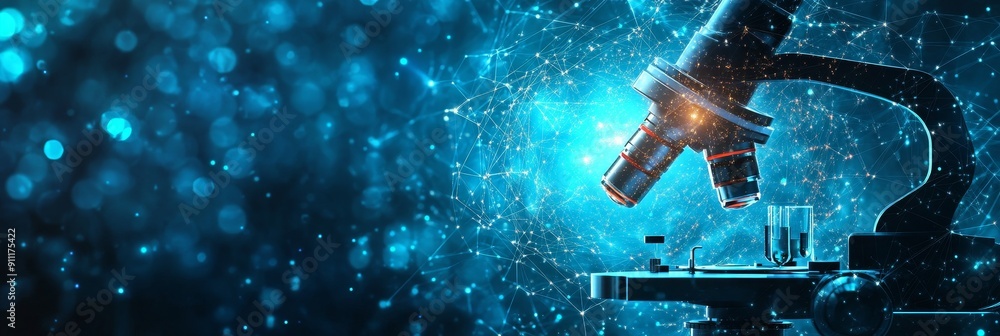 Poster above a abstract laboratory scene is a digital business background with symbols representing ai, big