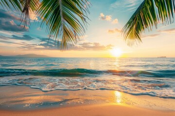 Perfect beach sunset. Beautiful tropical beach scene for background or wallpaper. Summer vacation holiday concept design and copy space with generative ai