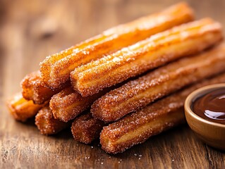 Mexican churros with a cinnamon sugar coating arranged on a rustic wooden table