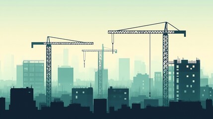 Obraz premium Silhouettes of construction cranes against a city skyline, symbolizing urban development and architectural progress in twilight.