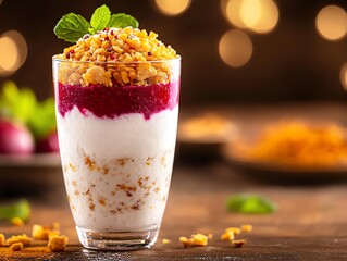 Mouthwatering presentation of a falooda dessert in a tall glass, layered with colorful ingredients, set against a vibrant Indian market background