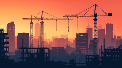Silhouette of construction cranes against a vibrant sunset skyline, symbolizing urban development and progress.