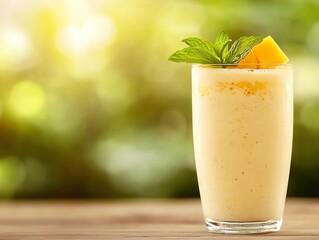 Refreshing mango lassi in a tall glass, garnished with mint leaves and a slice of mango, placed on a wooden table with a blurred Indian cafe background