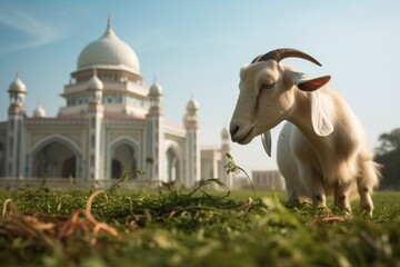 Fototapeta premium a goat eating grass in a garden with a very beautiful, majestic mosque in the background and a very clear sky and copy space,realistic, with generative ai