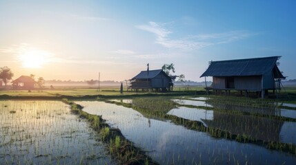 Obraz premium Rice field morning with a hut