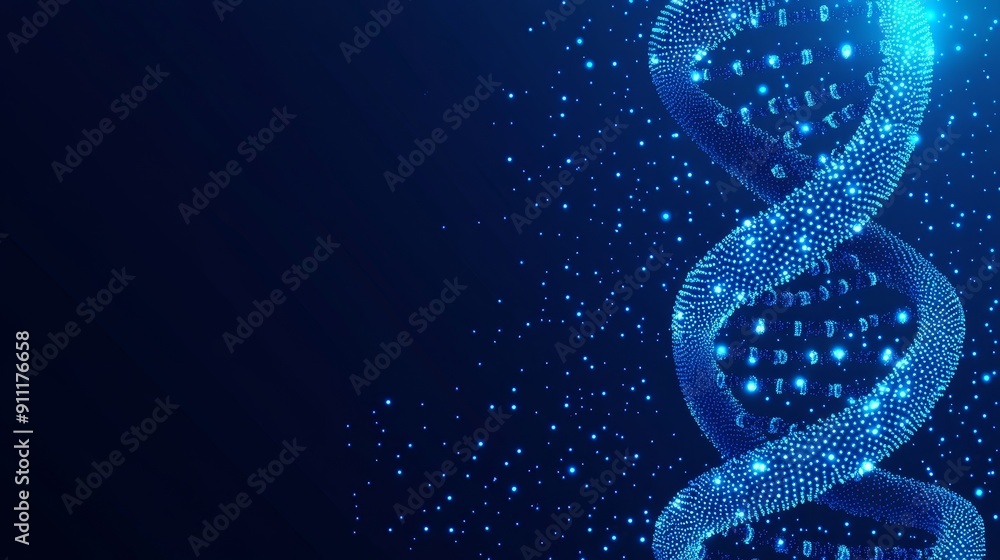 Poster the dna double helix is illustrated using a low poly wireframe style on a futuristic technology back