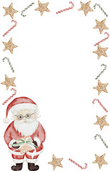 Christmas card. Watercolor hand drawn holiday frame square with santa claus and sweets. Clip art isolated on white background new year border. Perfect for holiday invitations