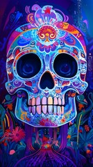 Mystical Day of the Dead sugar skull with vibrant colors and intricate patterns on a dark background.