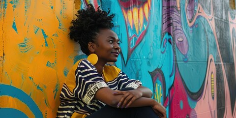 urban black woman sitting under a wall, in the midst of vibrant street graffiti, satisfied expression on face, 