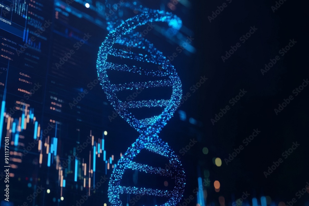 Poster 3d cg of science molecular ring model structure and candle stick graph chart against a blue backgrou