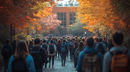 Obraz premium Bustling College Campus Aglow With Autumn Colors and Students on First Day
