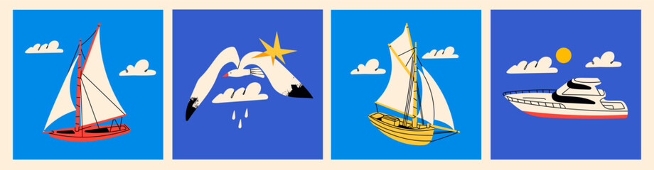 Various boats and ships, ocean transport, seagull, clouds. Sailing ship, wind sail boat, yacht, speed boat. Hand drawn Vector illustration. Cartoon style. Isolated design elements. Pre made cards