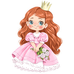 Cute cartoon Princess in lush pink dress with roses watercolor paint