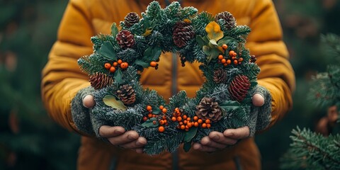 Naklejka premium Girl Crafting Autumn Wreath with Rosehip Berries and Pumpkins