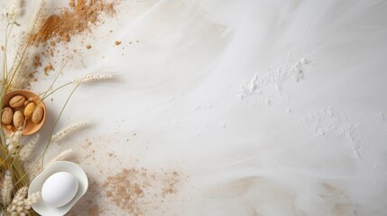 Wheat ears and flour on white marble background. Top view with copy space