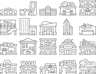Building Construction Exterior Icons Set Vector. Shopping And Commercial Center Skyscraper, Seafood Sushi Restaurant, Cinema Night Club Building Line. Coffee Shop And Cafe Black Contour Illustrations