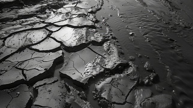 Monochrome photo of parched riverbed with dried mud