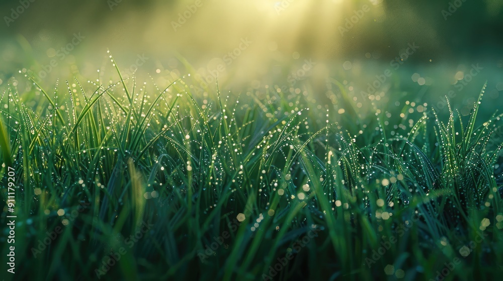 Poster morning dew creates a hazy effect on grass