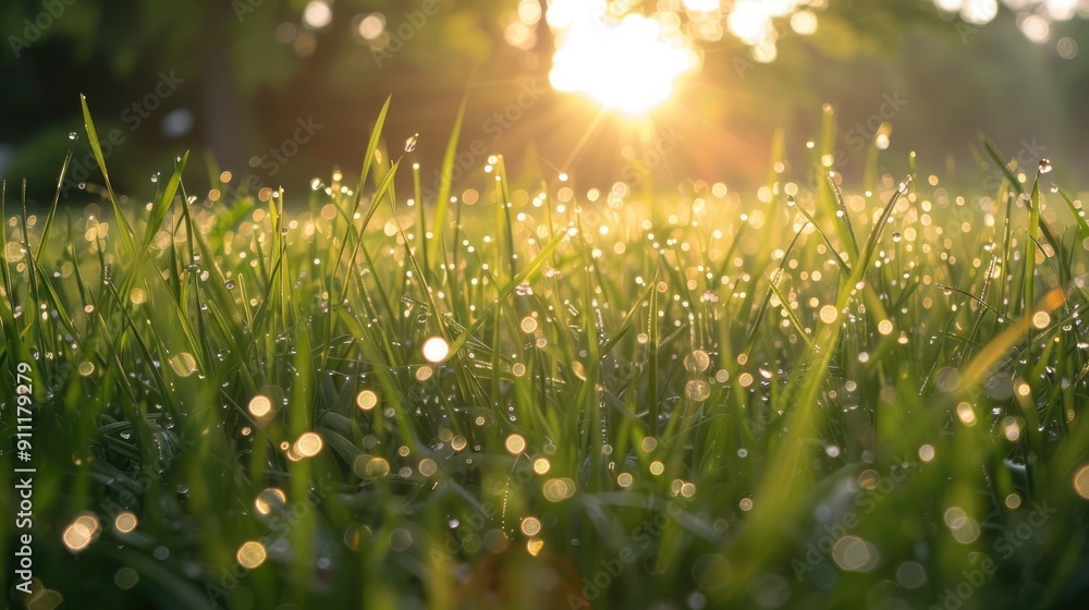 Poster morning dew creates a hazy effect on grass