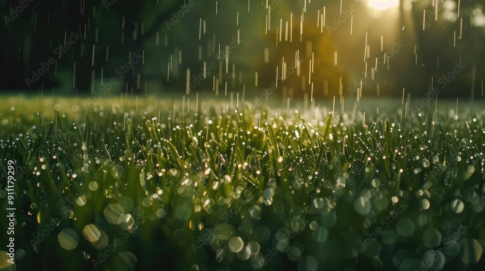 Poster morning dew creates a hazy effect on grass