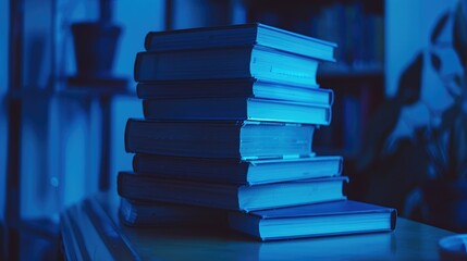 Monochrome stack of books with blue hue on table