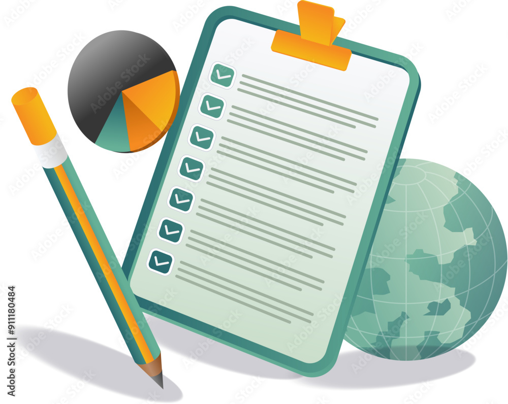 Poster vector image of a clipboard with a pen and globe, symbolizing global communication and organization