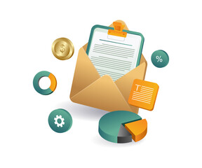 Various paperwork items like a business letter, envelope, and documents