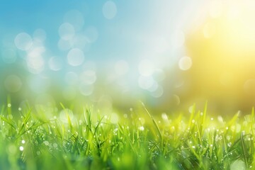 Obraz premium sunny spring meadow blur background blue sky to green grass gradient