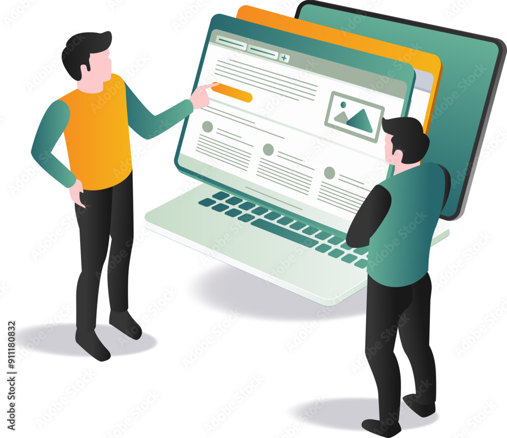 Poster two web developers standing next to a laptop screen