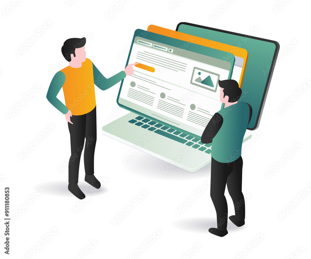 Poster two web developers standing next to a laptop screen