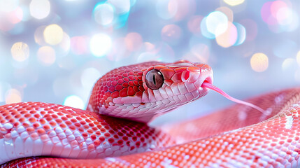 Close-Up of a Stunning Pink Snake with a Glossy Scales and Colorful Background. Captivating Macro Photography of a Serpent with a Flicking Tongue. Beautiful Reptile Detail