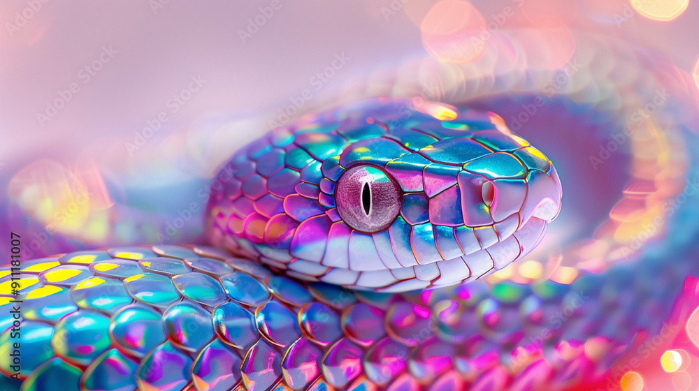 Poster colorful snake close-up | vibrant reptile macro photography with shimmering scales and soft backgrou