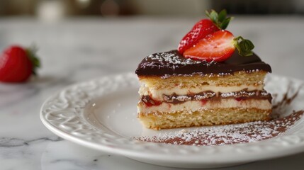 Napoleon cake slice with chocolate and strawberry on a white plate