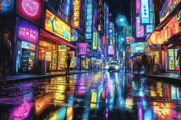 Obraz premium Neon City Street at Night