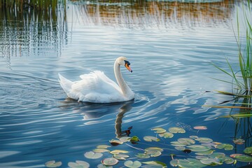 Fototapeta premium A serene scene of a mute swan gliding on a calm lake, surrounded by reeds and lily pads.