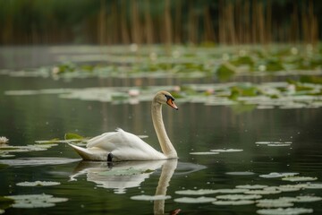 Fototapeta premium A serene scene of a mute swan gliding on a calm lake, surrounded by reeds and lily pads.