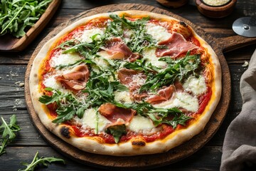 Close-up of a delicious pizza with prosciutto, mozzarella, arugula, and parmesan cheese.